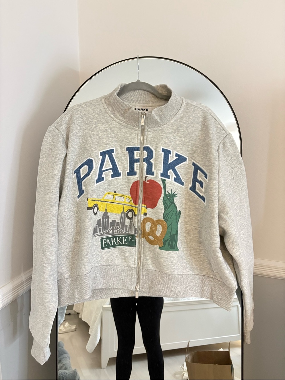 Parke NYC Pop Up Gray Zip-Up Graphic NYC Mockneck Denim Letters S/M